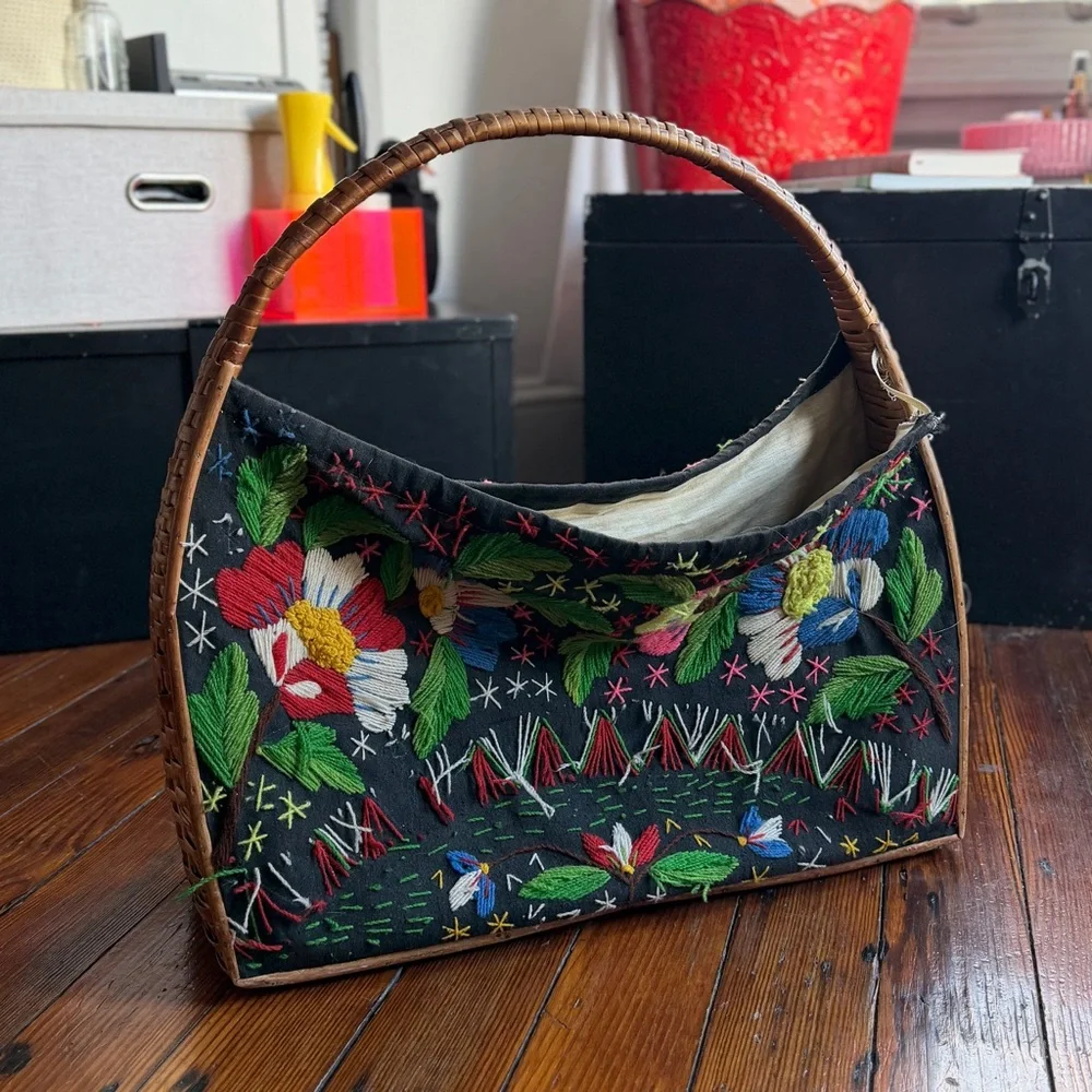 Vintage 70s wicker frame hand embroidered fabric basket tote